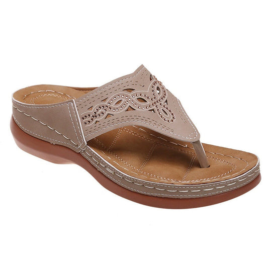 Hollow-Out Rhinestone Thick-Soled Toe Post Sandals